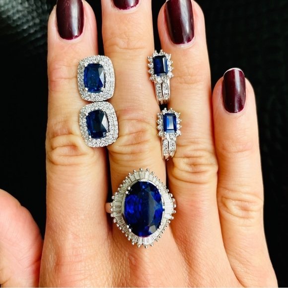 Lab Blue Sapphire Halo Sterling Silver Cocktail Ring & Earrings ASK FOR … - Picture 1 of 15